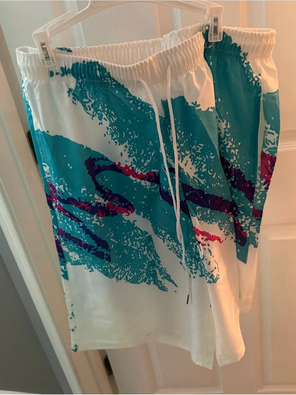 Men's White Swim Trunks with Teal & Purple Wave Print Large never worn